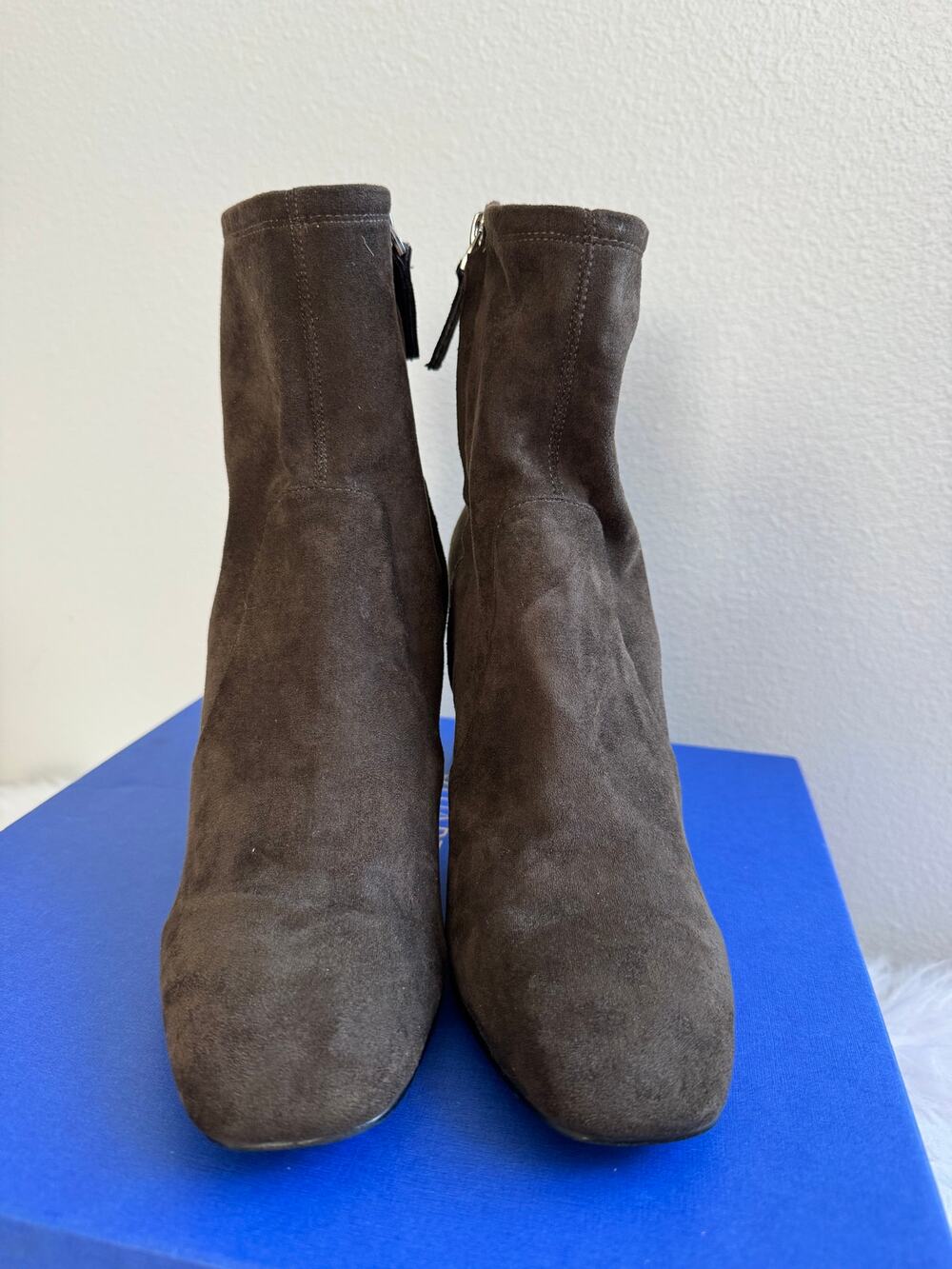 Anthropologie Bibi Lou Olive Green Suede Ankle Boots Mirrored Block Heel Size 39